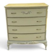 French style cream chest of 4 drawers, bow fronted, cabriole legs and decorative moulding. (H: