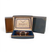 Gentlemans Bulova automatic wristwatch, stainless steel case,black dial with leather strap, boxed.