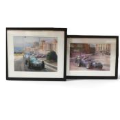 Two art prints by Michael Turner depicting race scenes from Monaco Grand Prix's. (H: 34.5cm x W: