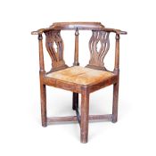 19th century oak corner chair, carved back splat leather seat. Courier/collection only (H: 80cm)
