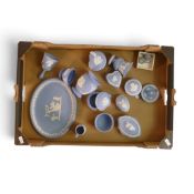 Wedgwood Pale Blue Jasperware to include:- Bell with ringer, footed vases, ring holder, pendant with