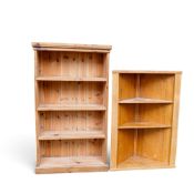 Pine free standing bookcase with four fixed shelves, together with similar pine corner cupboard with