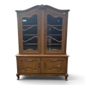 Carved tiger oak continental-style double door display cabinet, cabriole legs, astragal glazed upper