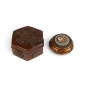 Japanese bronze Meiji hexagonal lidded floral box, d.6cm and smaller round box with enamel floral