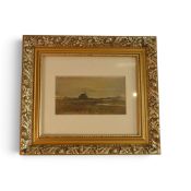An Acrylic on board picture showing a landscape coastal scene, unsigned, mounted in gilt effect