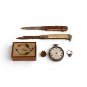A collection of items including Two penknife's, Italian specimen marble small box,Silver Waltham