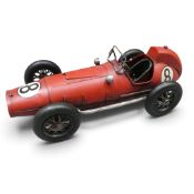Tin-plate scale model of a vintage 1950's red, no.8 racing car. (L: 41cm)