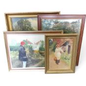 Framed oil paintings featuring a range of subjects including pastoral landscapes by HJ Watson, Woman