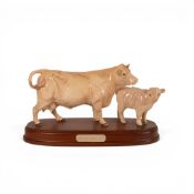 Beswick Connoisseur Cattle series, Charolais Cow & Calf on wooden plinth. (H: 19cm)
