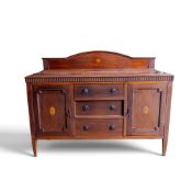 Mahogany inlaid sideboard, three central drawers, two central cupboards and raised shaped back.