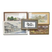 Framed watercolour paintings by David Brownsword depicting Nantwich Parish Church and Crown Hotel
