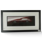 Framed stylised illustration of a classic red sportscar, signed F Dams, limited edition 1 of 50. (H: