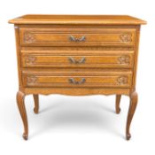 Continental chest of 3 drawers, with brass hardcore on tall cabriole legs. (H: 77cm x W: 74cm x D: