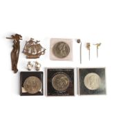Silver Sail Ship brooch & earrings, together with some old commemorative coins etc.