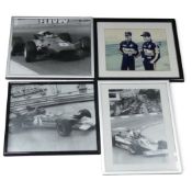 A collection of framed Formula One photographs including Ayrton Senna, Jim Clark and Niki Lauda.
