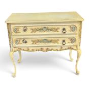 Painted ivory crackled effect French-style chest of 2 drawers, carved oak, foliage decorative