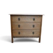 1930's oak chest of 3 drawers with carved decoration. Courier/collection only. (H: 82cm x W: 90cm
