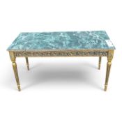 Giltwood framed faux marble top coffee table, with fluted legs and carved scrolling foliage