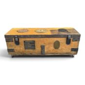 Vintage Ash transit trunk raised on hairpin legs, adorned with various plaques - Milnen Patent