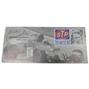 Signed Niki Lauda photograph card, depicting a March ZF1 car. (H: 9.5cm x W: 21cm)