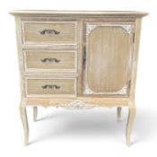 Continental-style limed finish side cabinet, with cabriole legs, 3 drawer and cupboard with internal