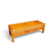 Asian style yew wood 3 drawer coffee table, traditional 'long life' carved handle design. (W: