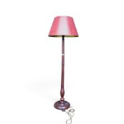 Dark wood traditional standard lamp with tapered red shade. Courier/collection only. (H: 180cm)