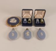 A Group of Wedgwood Jasperware miscellaneous items to include three mounted scent bottles, a mounted