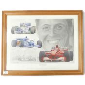 Framed print featuring Michael Schumacher, by Stuart Mcintyre, 2001, depicting three championship