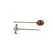 Antique 9ct rose gold pin set with oval amethyst stone, 1.6g and yellow metal riding crop pin,