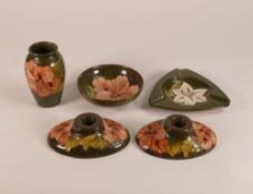 A group of Moorcroft Pieces to include a Coral Hibiscus Olive vase,2 Coral Hibiscus Olive