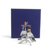 Swarovski Crystal Hoopoes birds with black tail feathers, red crests on a frosted branch (925080)