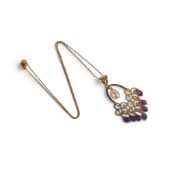 14ct gold pendant, set with pearl & seven purple stone droplets, Italian designer 