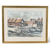 A framed Watercolour of a Harbour scene, Blakeney, signed Nick Cannell 79, to bottom right. Measures