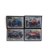 Four framed Racing Legends art prints by John Ketchell featuring Hill, Chiron, Surtees and