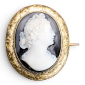 Georgian yellow metal brooch, set with onyx cameo with Demeter in profile, electronically tested