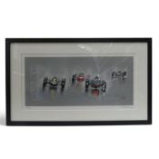 Framed artwork by Paul Chernard, titled Solitude '64, depicting Jim Clark, John Surtees and Graham