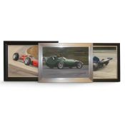 Framed, Graham Bosworth acrylic on board art work depicting Surtees, Stewart and Brooks. (H: 22.