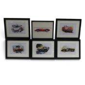 A collection of John Ketchell art prints depicting Ford GT40, Porsche 907/03, Porsche 917K,
