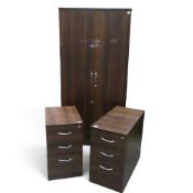 Double door wardrobe/storage cabinet with walnut veneer finish, together with a pair of pedestal