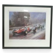 Framed art work by Dion Pears featuring John Surtees, Ferrari 312, Belgium GP 1966, signed by both