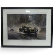 Framed art print by Dean Peurs depicting Mike Hawthorn and Jaguar D Type winning at Le Mans, 1955,