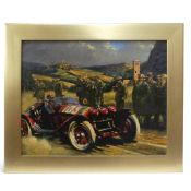 Framed oil painting by Barry Rowe depicting Nuvolari at the 1931 Mille Miglia driving an Alfa