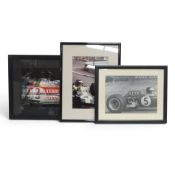 A collection of framed photographs featuring Jim Clark racing his Lotus, together with framed