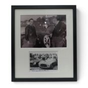 Framed black and white photograph featuring classic racing cars, with signature reading 'Regards