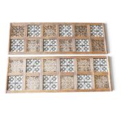A pair of rustic, carved wooden decorative wall panels featuring geometric patterns, H50cm x L144cm.