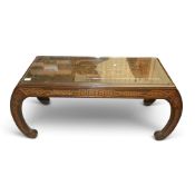 Quality vintage Chinese carved wood shaped coffee table, with carved ships and pagoda scenes with