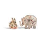 Two Japanese animal figures to include an Elephant and a rabbit, both decorated in a similar style
