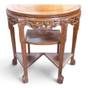 Quality Chinese hardwood bow fronted side table, carved bird freeze with ball and claw supports, w.