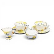Burleigh Ware, Art Deco Sunray pattern part tea set to include sugar bowl, milk jug, two tea cups